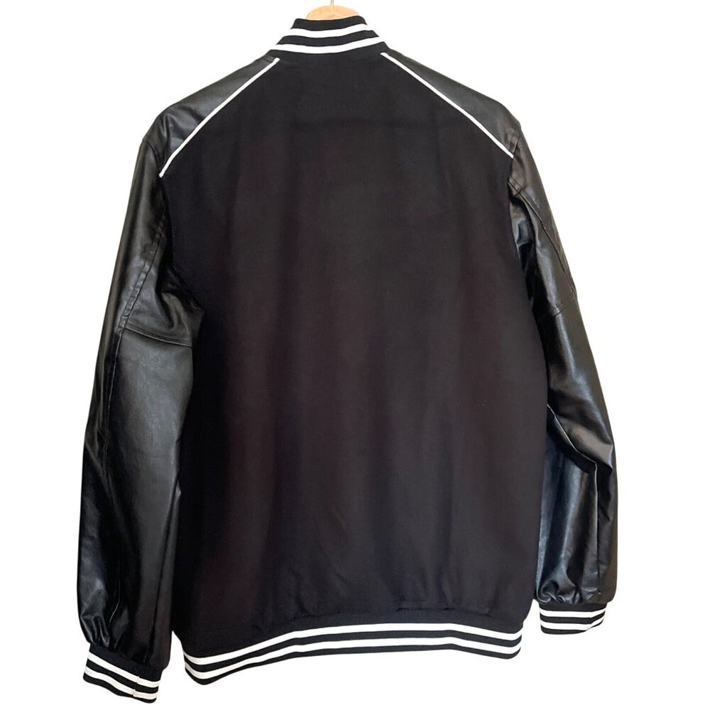 COOFANDY Women's Black Varsity Jacket Faux Leather Sleeves Striped Ribbed Sz M - Picture 2 of 9